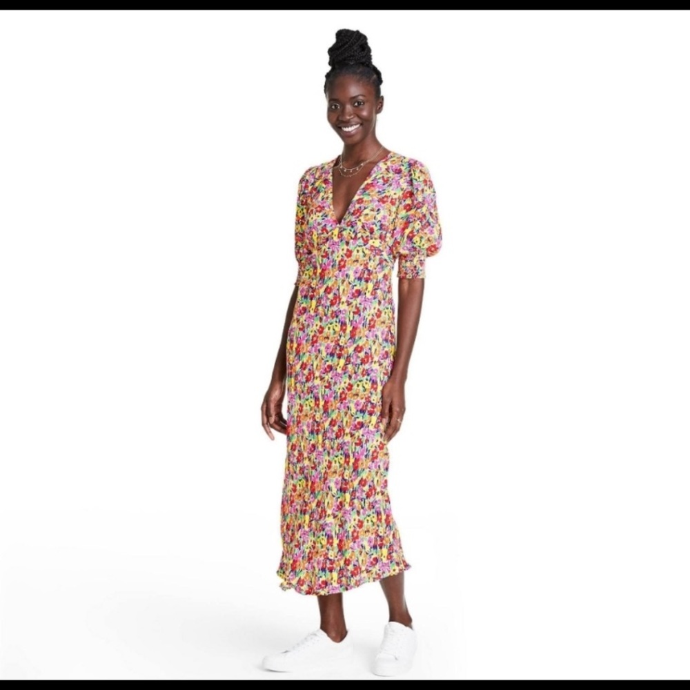 Pink multi floral midi dress